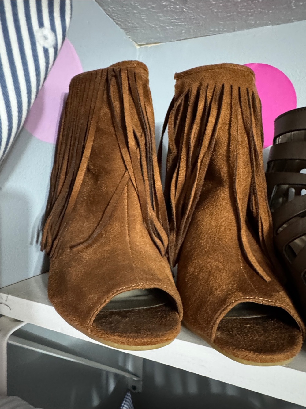 Women's Brown Suede Fringe Peep-Toe Booties